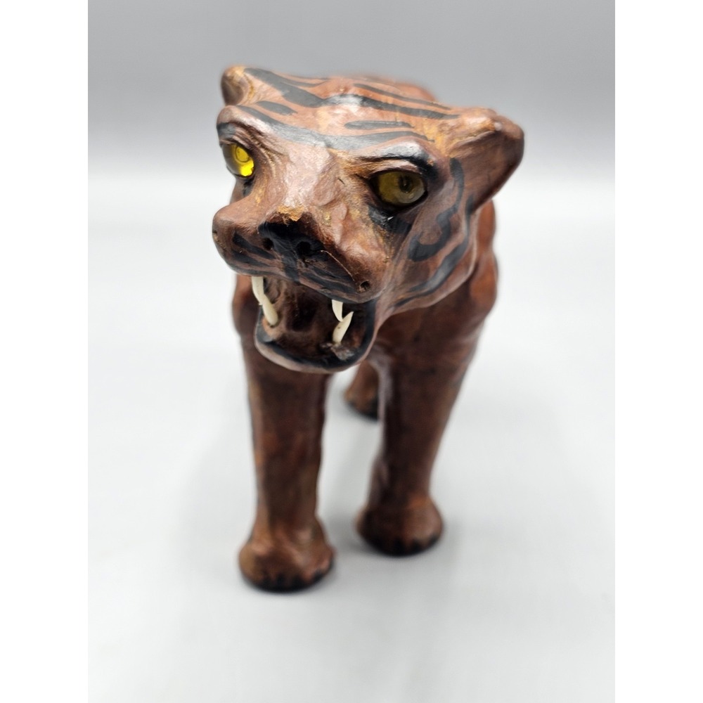 Vintage Leather Wrapped Paper Mache Bengal Tiger Figurine Yellow Glass Eyes 11"